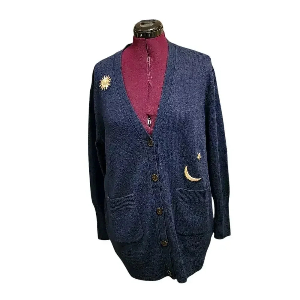 J Crew Cardigan Womens Sz L Cosmic Patch Blue Gold Sun Moon Star Wool